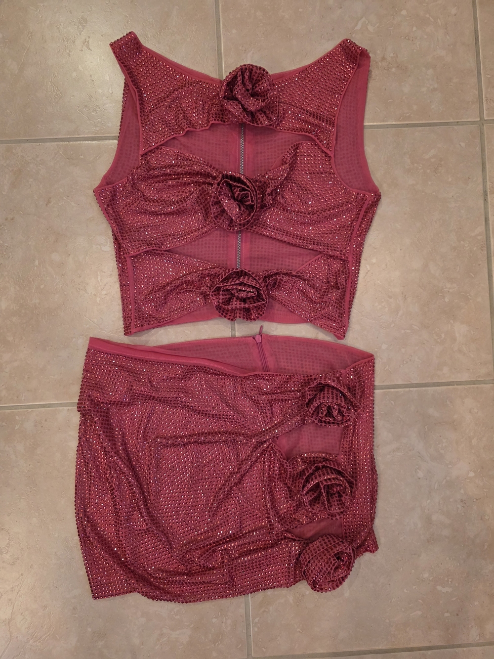 Women's Pink Crystal Mini Skirt Top Set Designer-Inspired For Raves Bachelorette